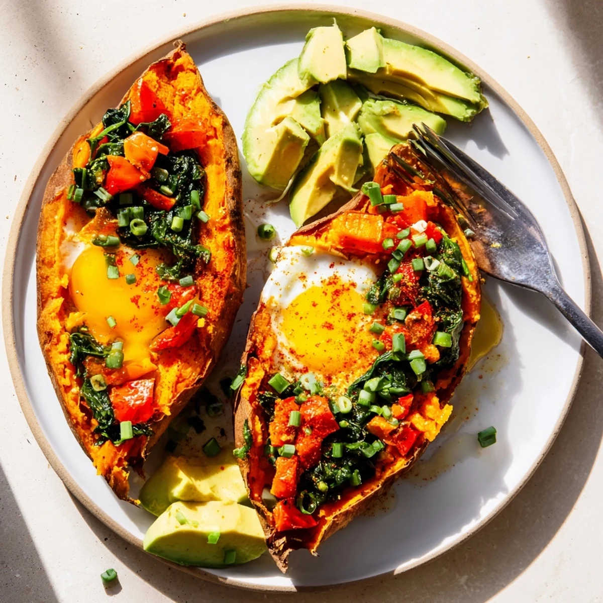 Baked Sweet Potato Breakfast Boats served warm with sautéed peppers and chopped chives
