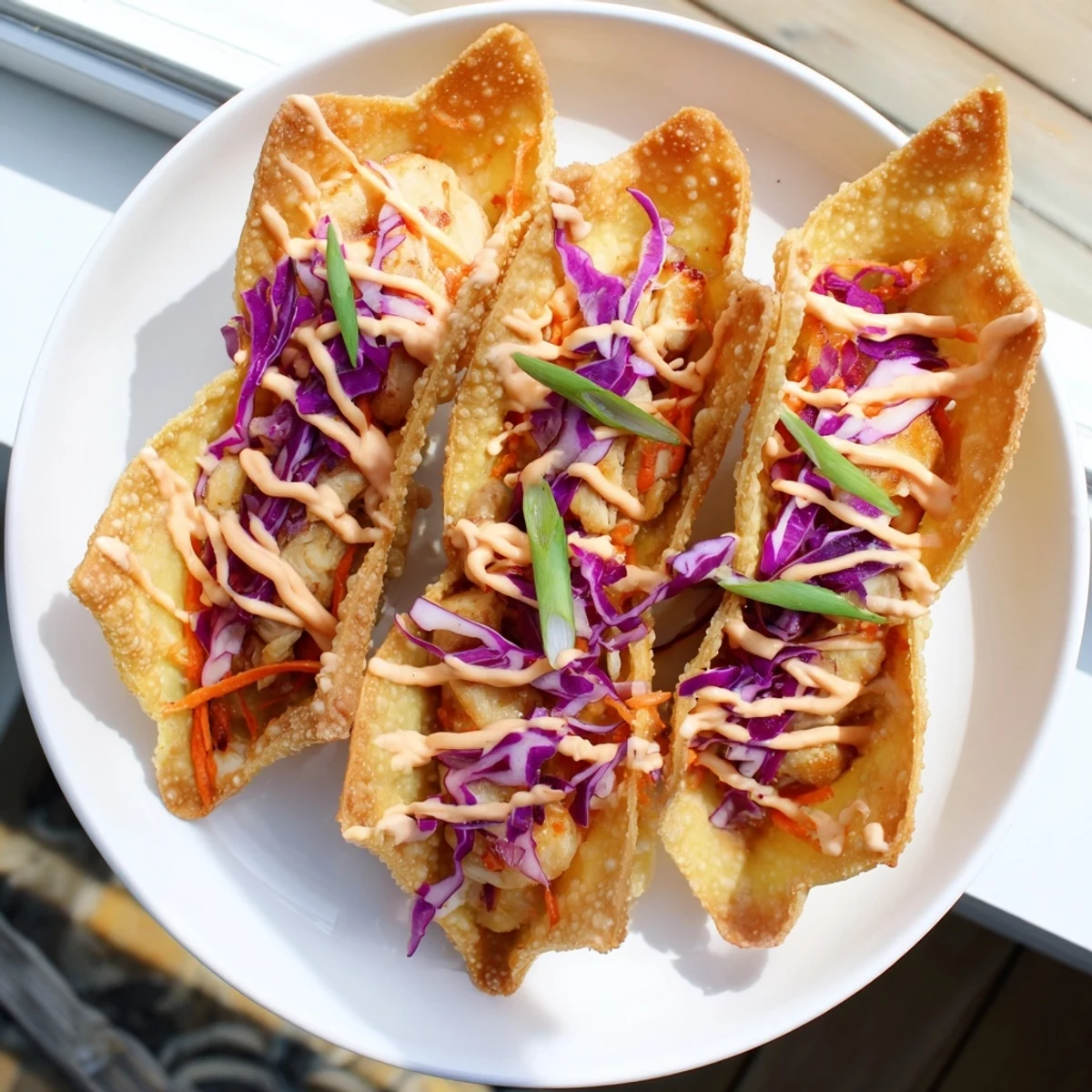 Golden chicken wonton tacos filled with juicy meat topped with colorful cabbage slaw and spicy sriracha mayo drizzle
