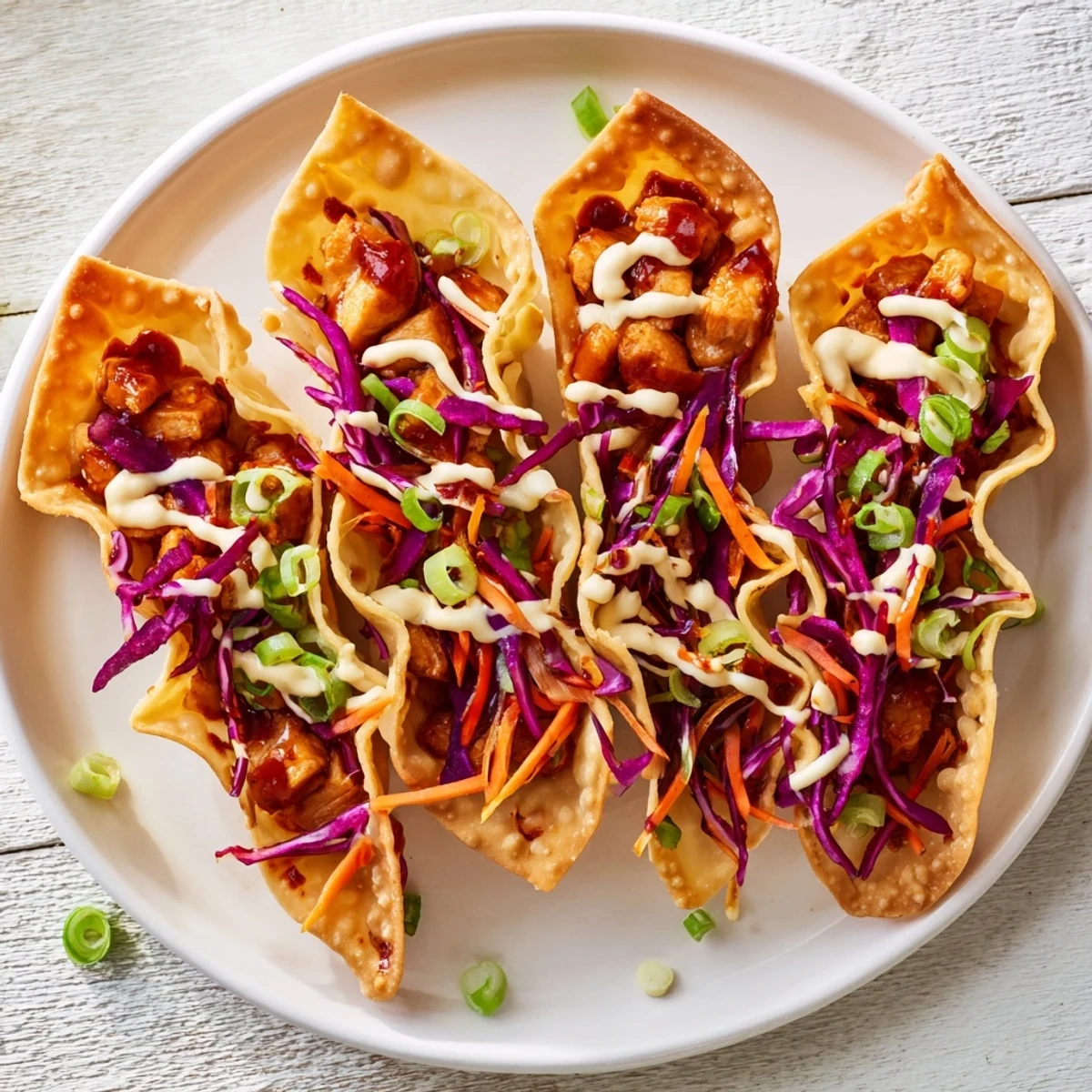 Crispy baked wonton shell tacos stuffed with savory seasoned chicken and fresh tangy vegetable slaw topping