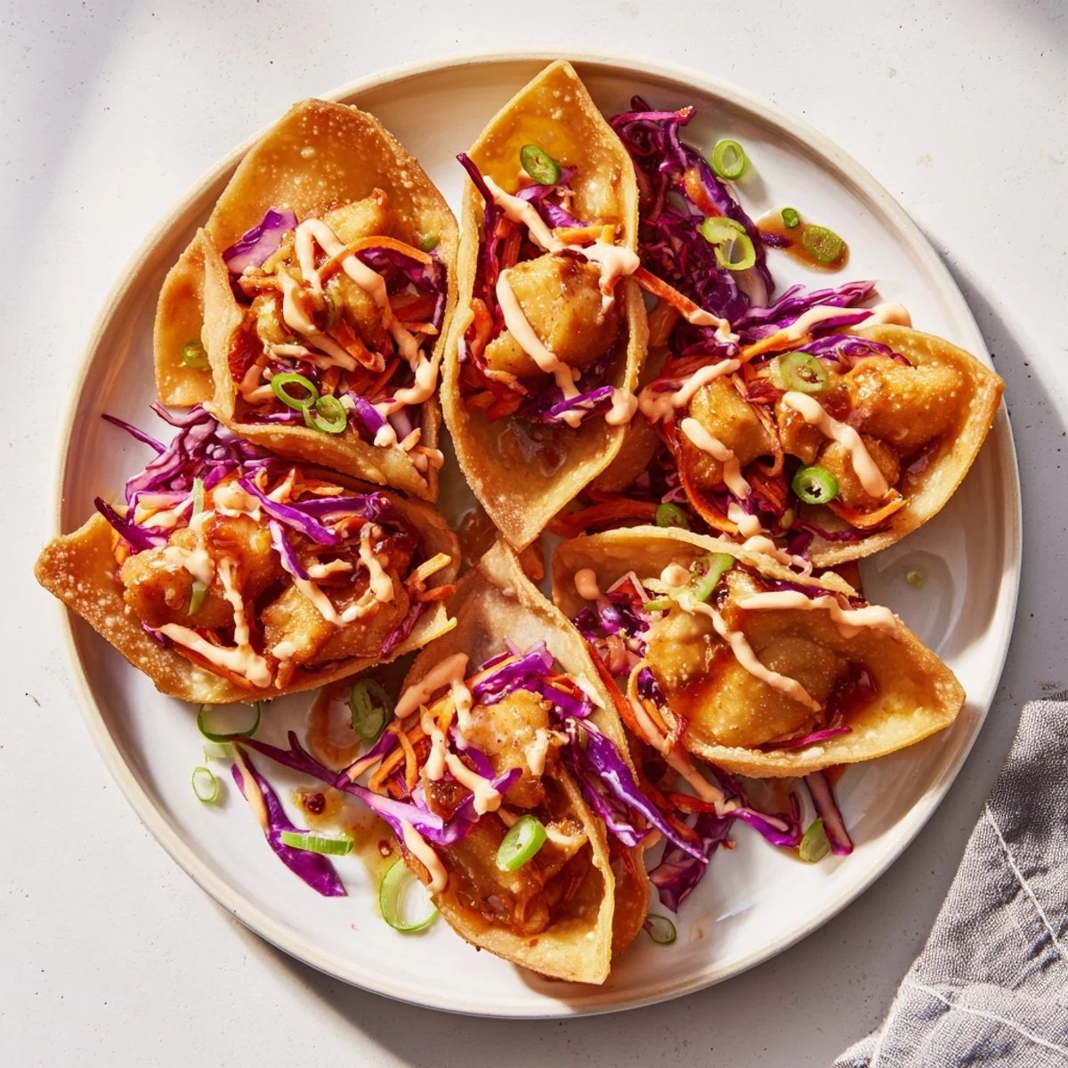 Asian fusion chicken wonton tacos garnished with crisp carrots green onions and zesty creamy lime sauce
