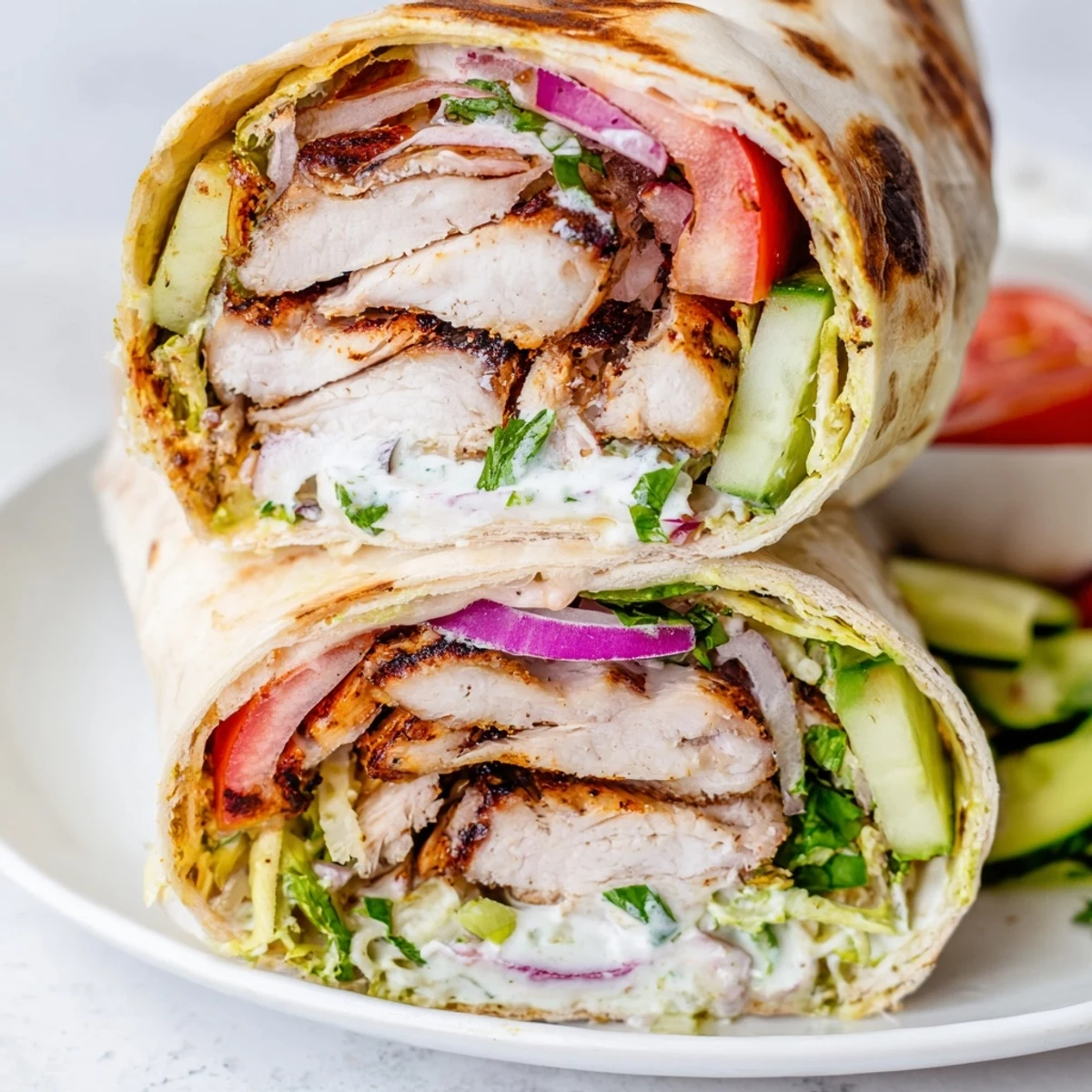 Homemade garlic chicken shawarma wrap filled with spiced meat and crisp vegetables in soft flatbread