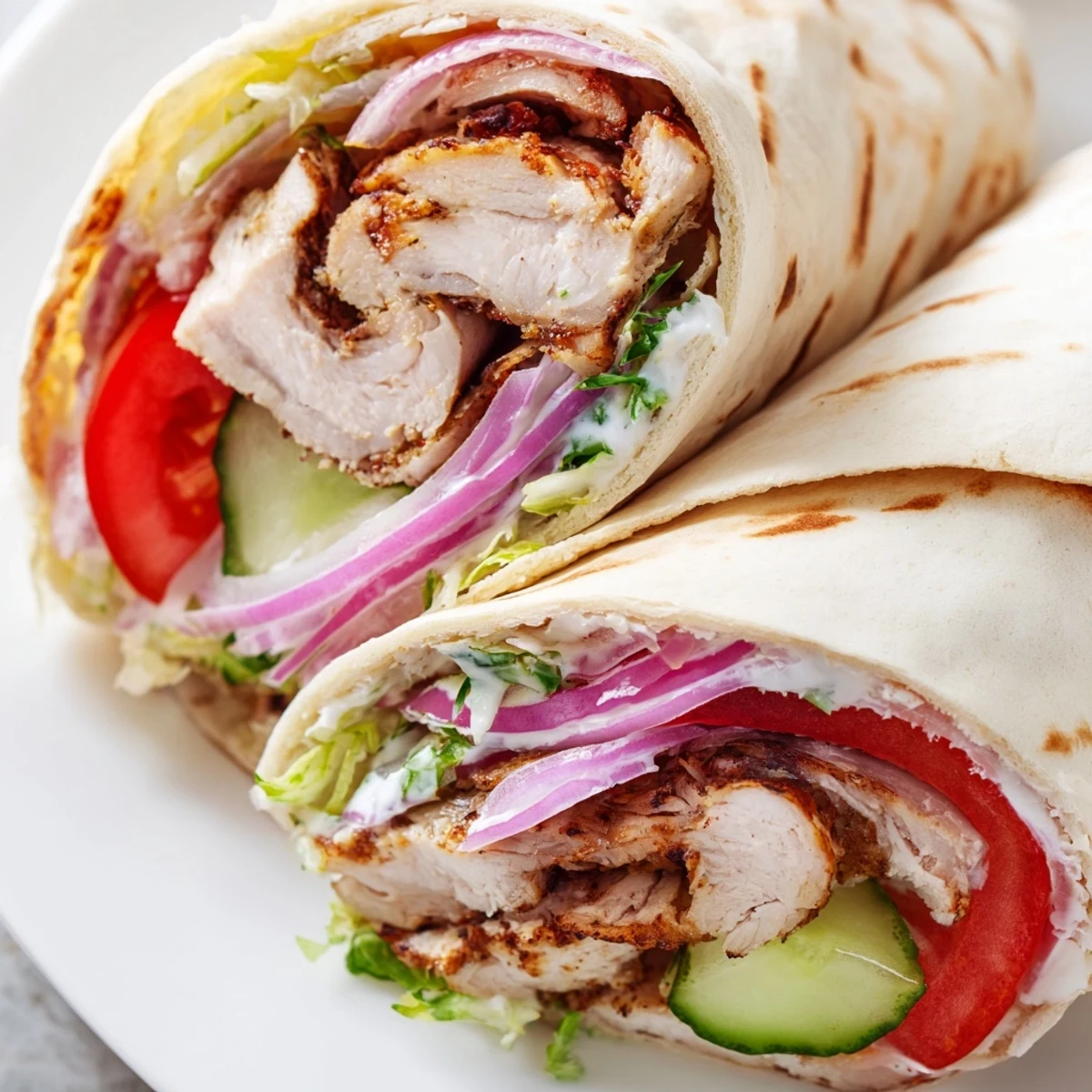 Sliced garlic chicken shawarma wrap revealing layers of marinated meat lettuce tomato and creamy garlic sauce