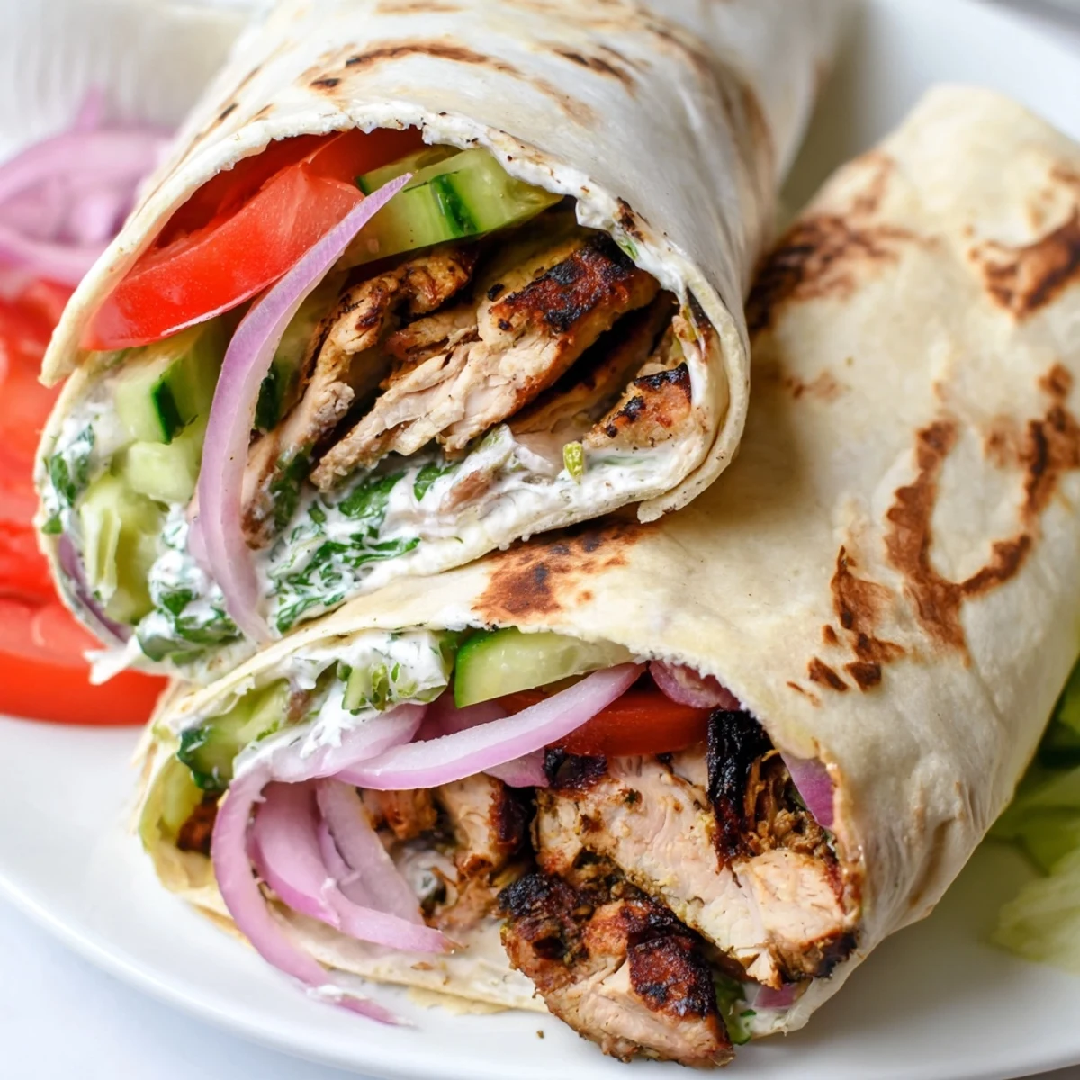 Mouthwatering garlic chicken shawarma wrap served on a plate with fresh parsley and extra sauce drizzled on top