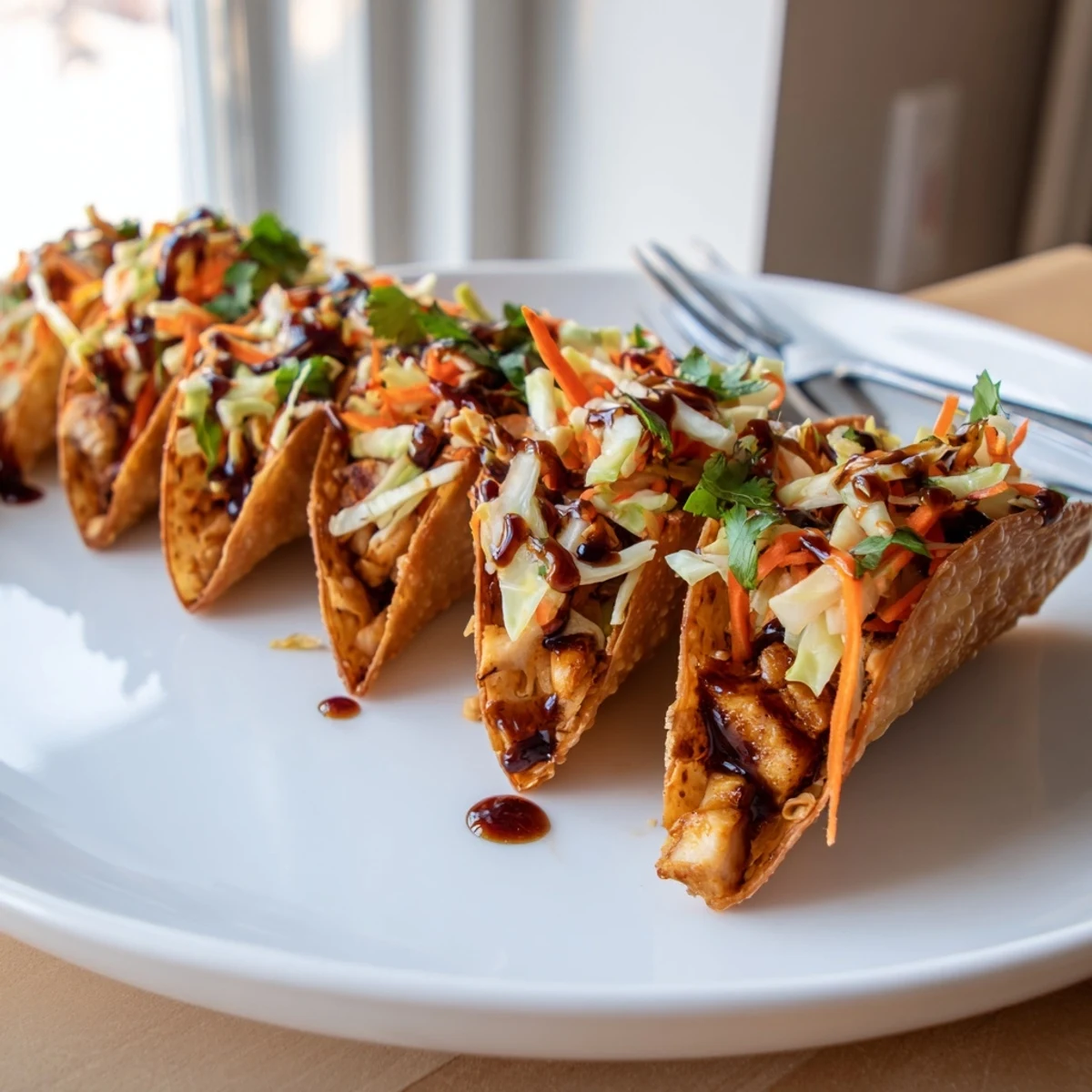 Golden crispy Asian chicken wonton tacos topped with colorful slaw and spicy mayo drizzle