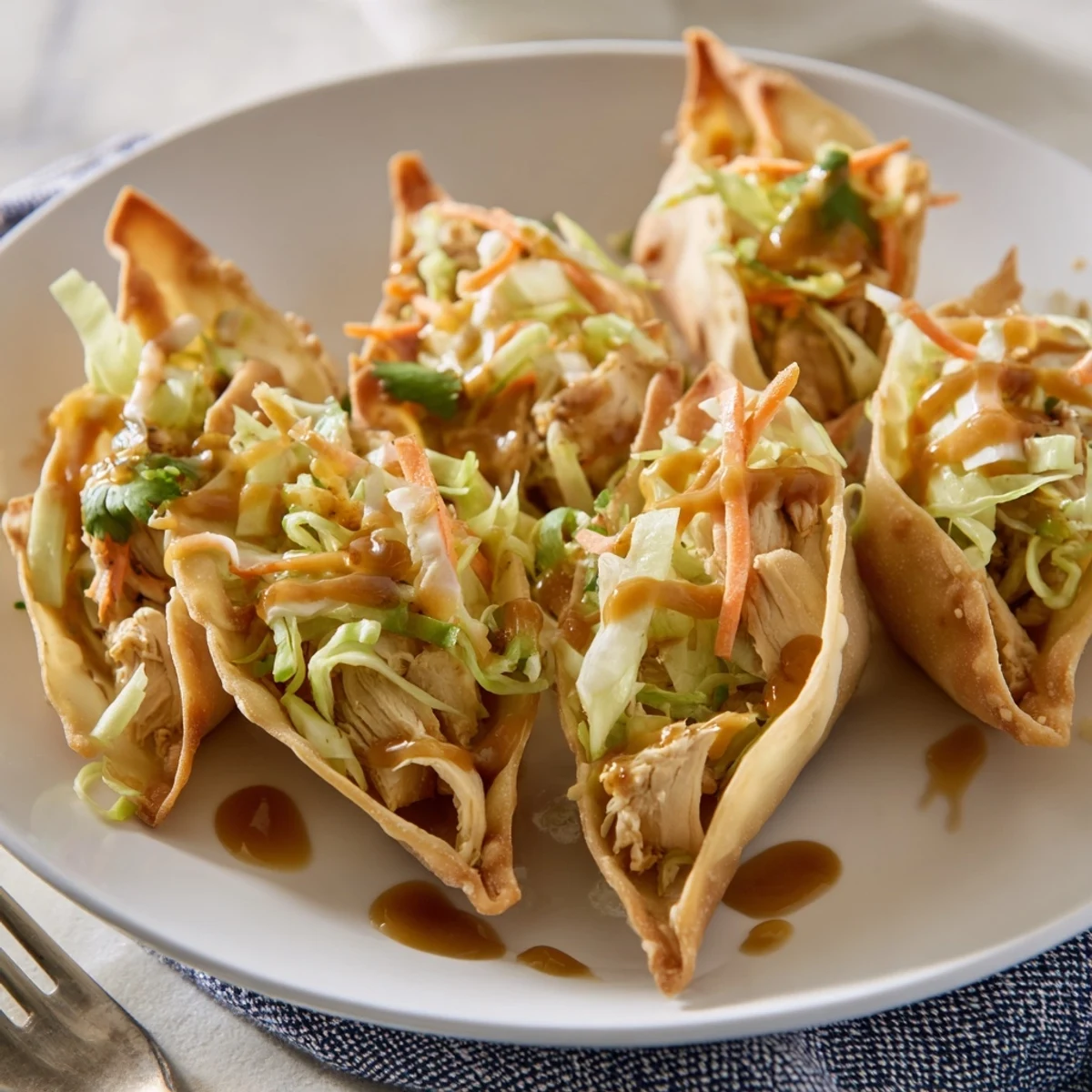 Crispy wonton taco shells filled with savory Asian chicken and crunchy vegetable slaw topping