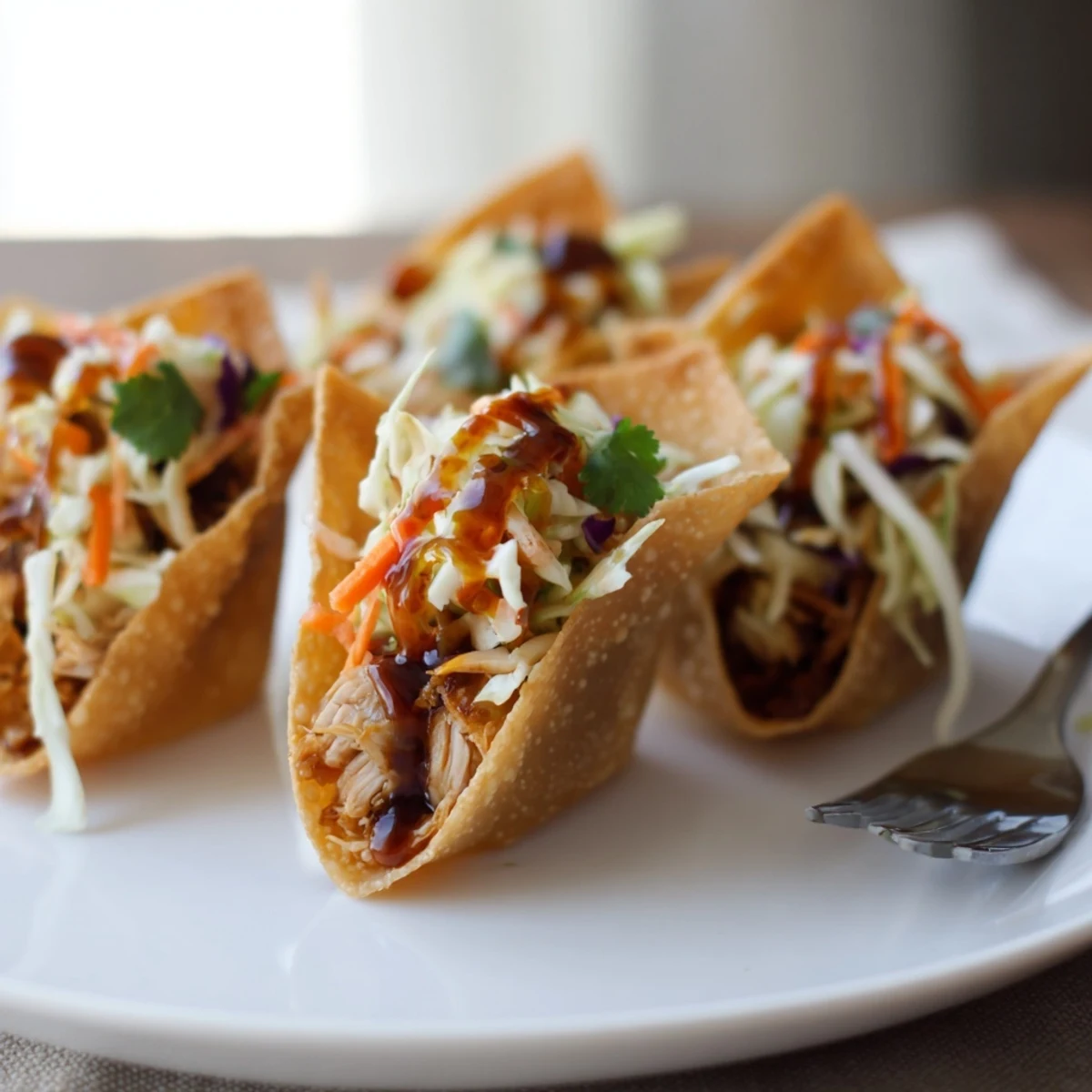 Fusion tacos featuring tender marinated chicken nestled in fried wonton shells with fresh cabbage
