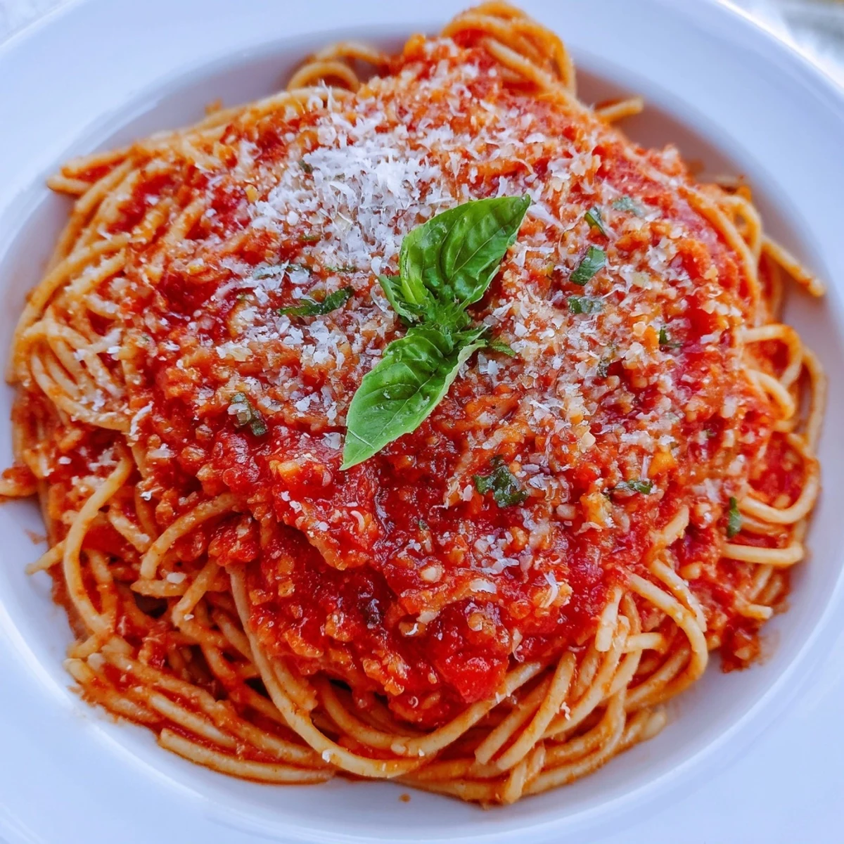 Golden pasta noodles coated in rich tomato sauce garnished with fresh green basil leaves