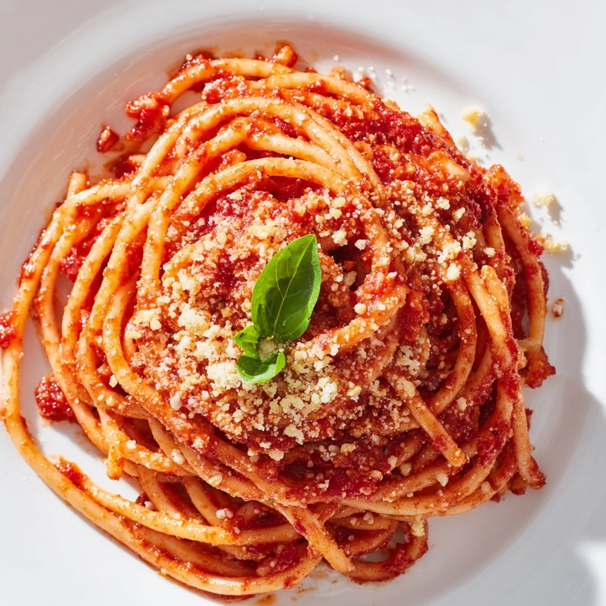 Steaming bowl of pasta with chunky tomato sauce topped with freshly grated Parmesan cheese