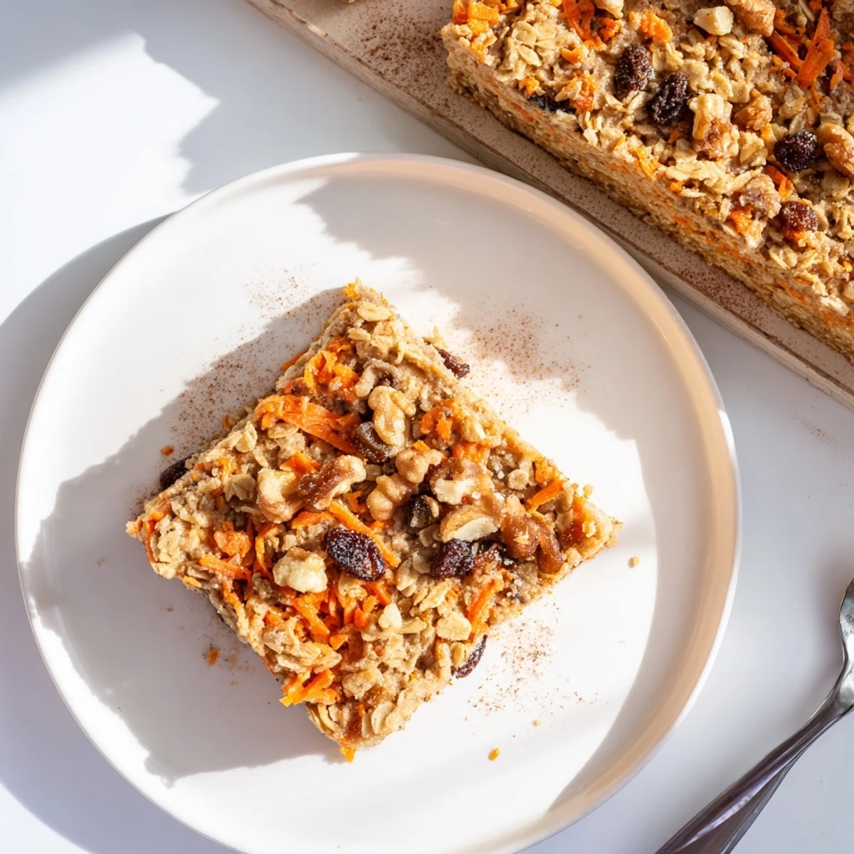 Golden brown carrot cake baked oatmeal sprinkled with chopped walnuts and warm cinnamon spices