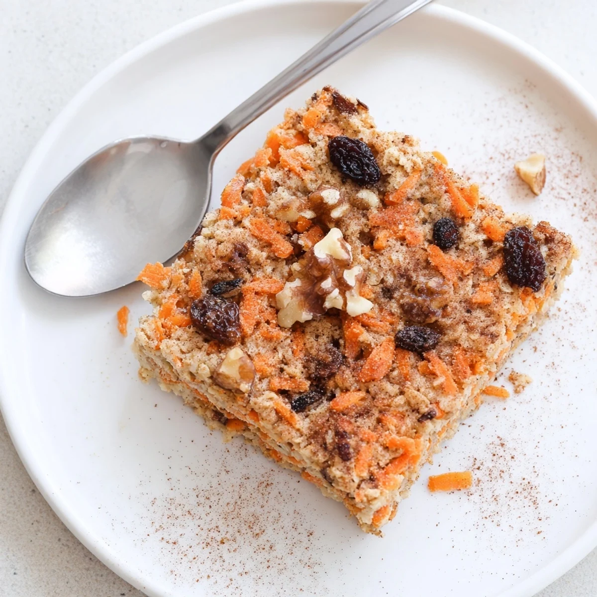 Cozy breakfast dish featuring grated carrots and raisins baked into a wholesome oatmeal casserole