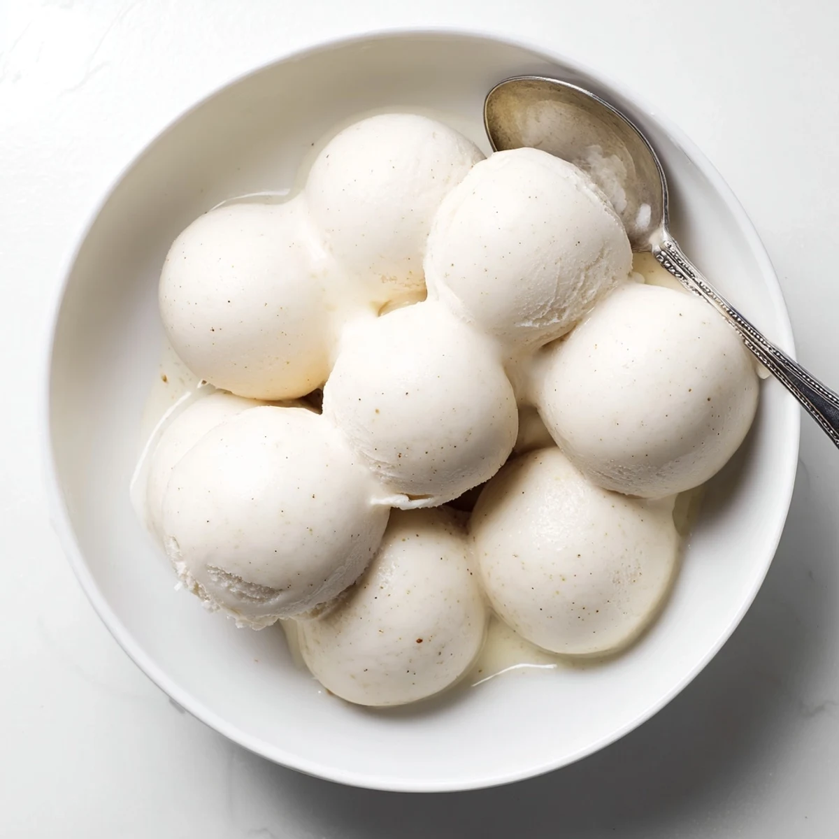Creamy homemade vanilla ice cream served in a chilled glass bowl with fresh mint garnish