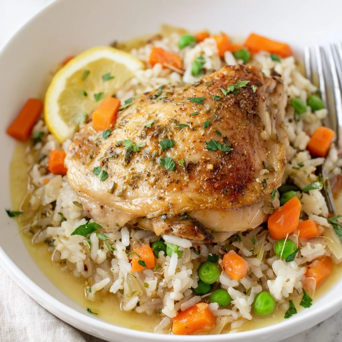 Slow Cooker Lemon Herb Chicken And Rice steaming, tender chicken over fluffy rice.