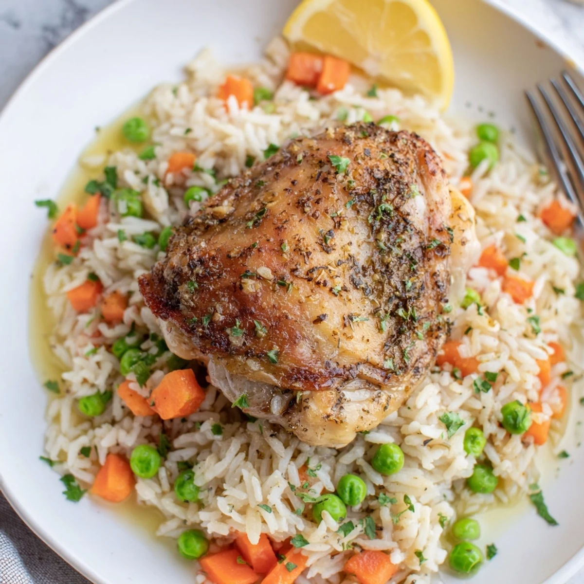 Warm Slow Cooker Lemon Herb Chicken And Rice garnished with parsley and lemon wedges.