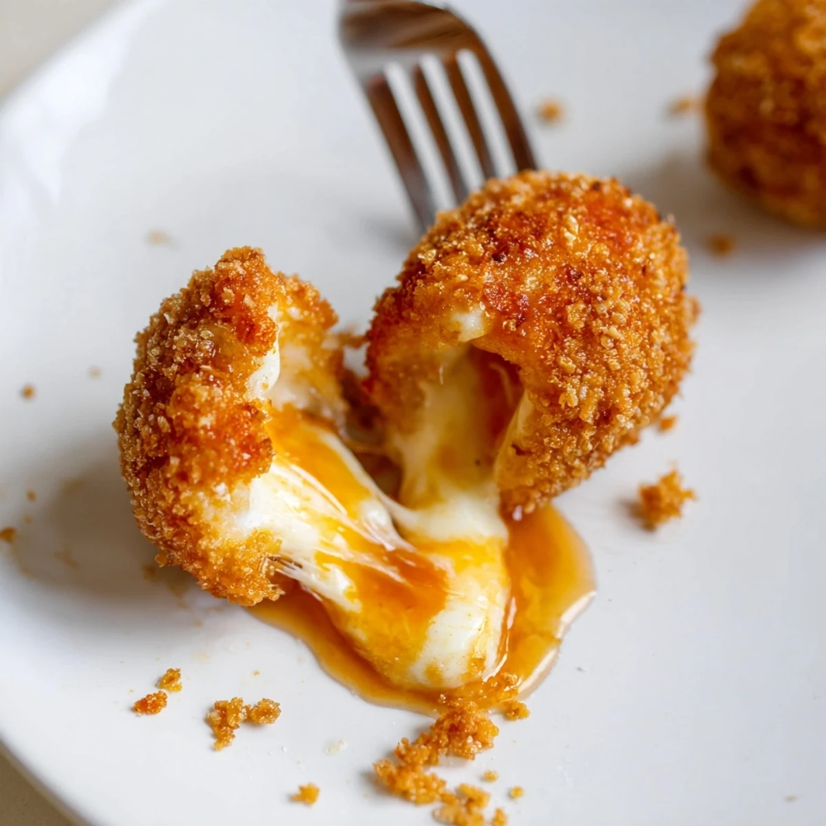 Irresistible Crispy Mozzarella Poppers With Maple Glaze glistening, golden, served steaming on white plate.