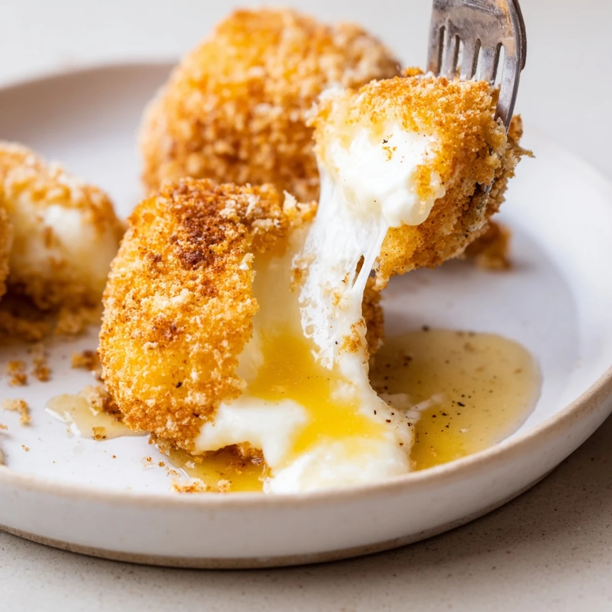 Warm Irresistible Crispy Mozzarella Poppers With Maple Glaze drizzled, oozing cheese, perfect party appetizer.