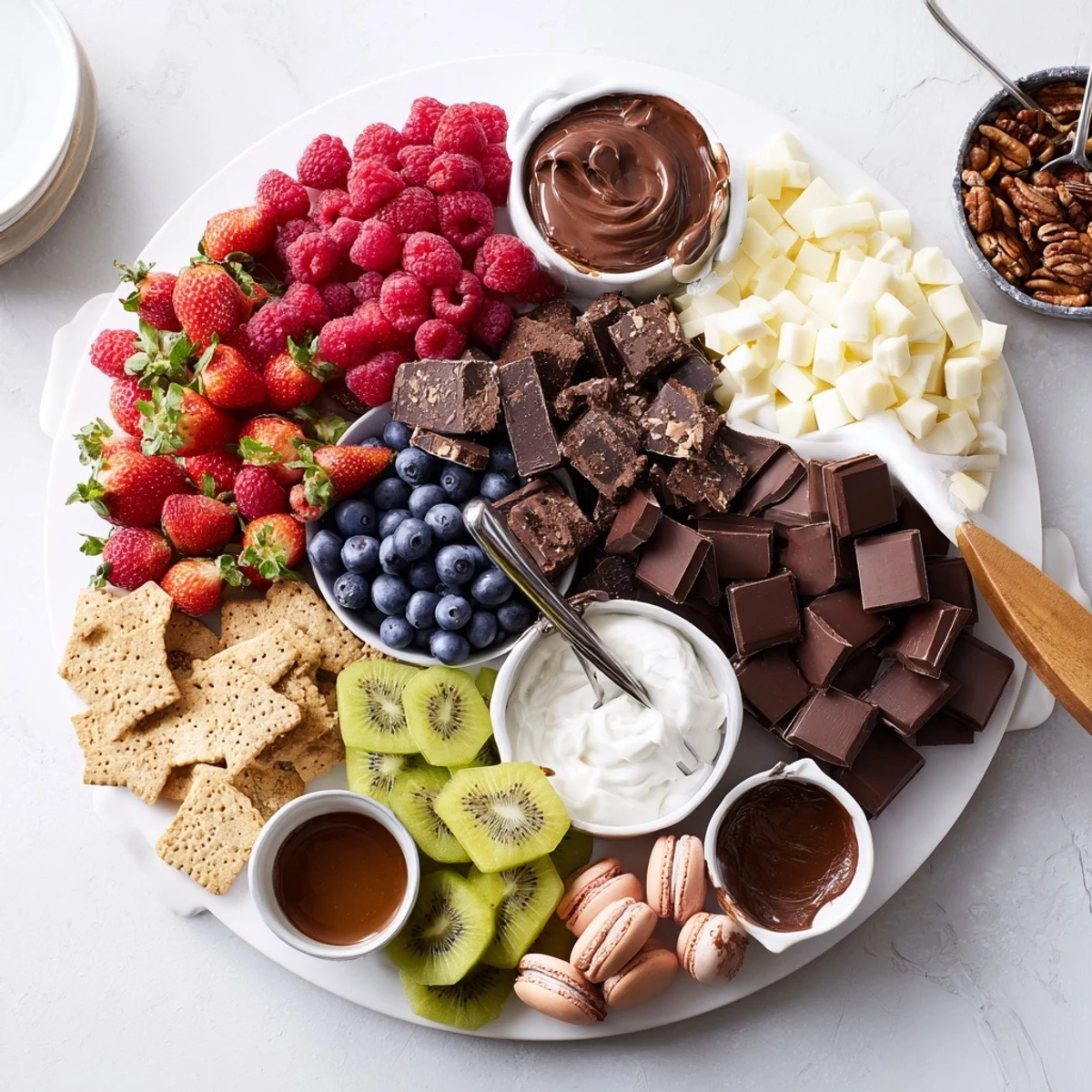 Dessert Charcuterie Board with vibrant berries, chocolates, and creamy dips for sharing