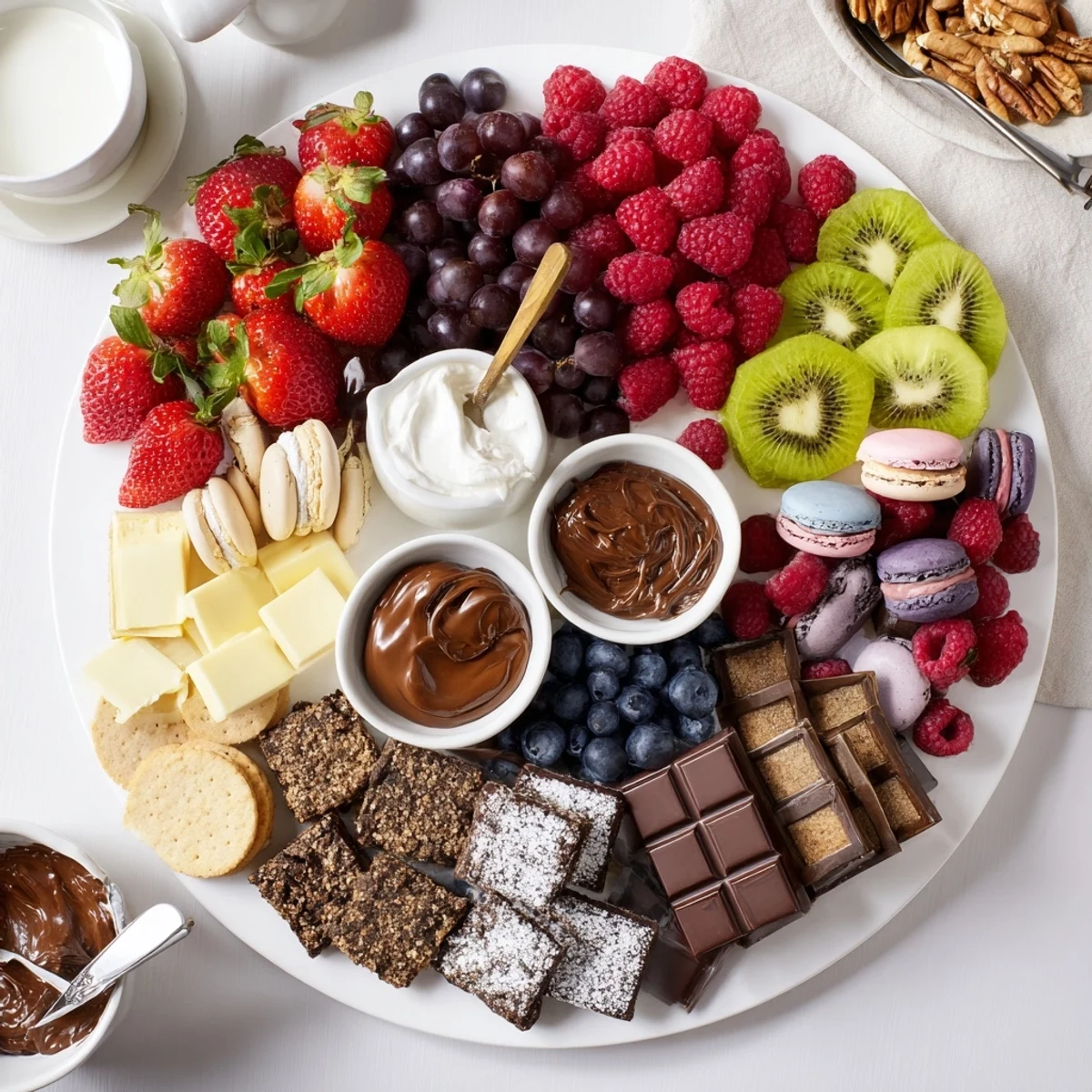 Rustic Dessert Charcuterie Board showcasing glossy chocolate, candied pecans, and sliced kiwi