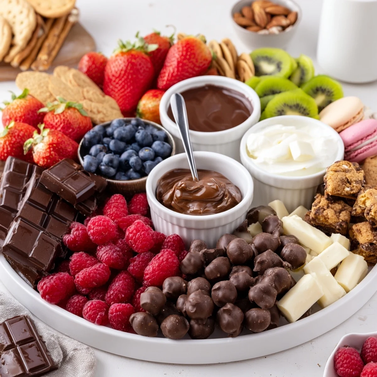 Overhead view of Dessert Charcuterie Board arranged with macarons, brownies, perfect for parties