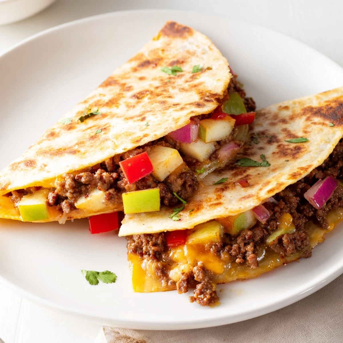 Sweet Savory Beef Quesadillas sizzling in skillet, melted cheese oozing, apple sweetness.