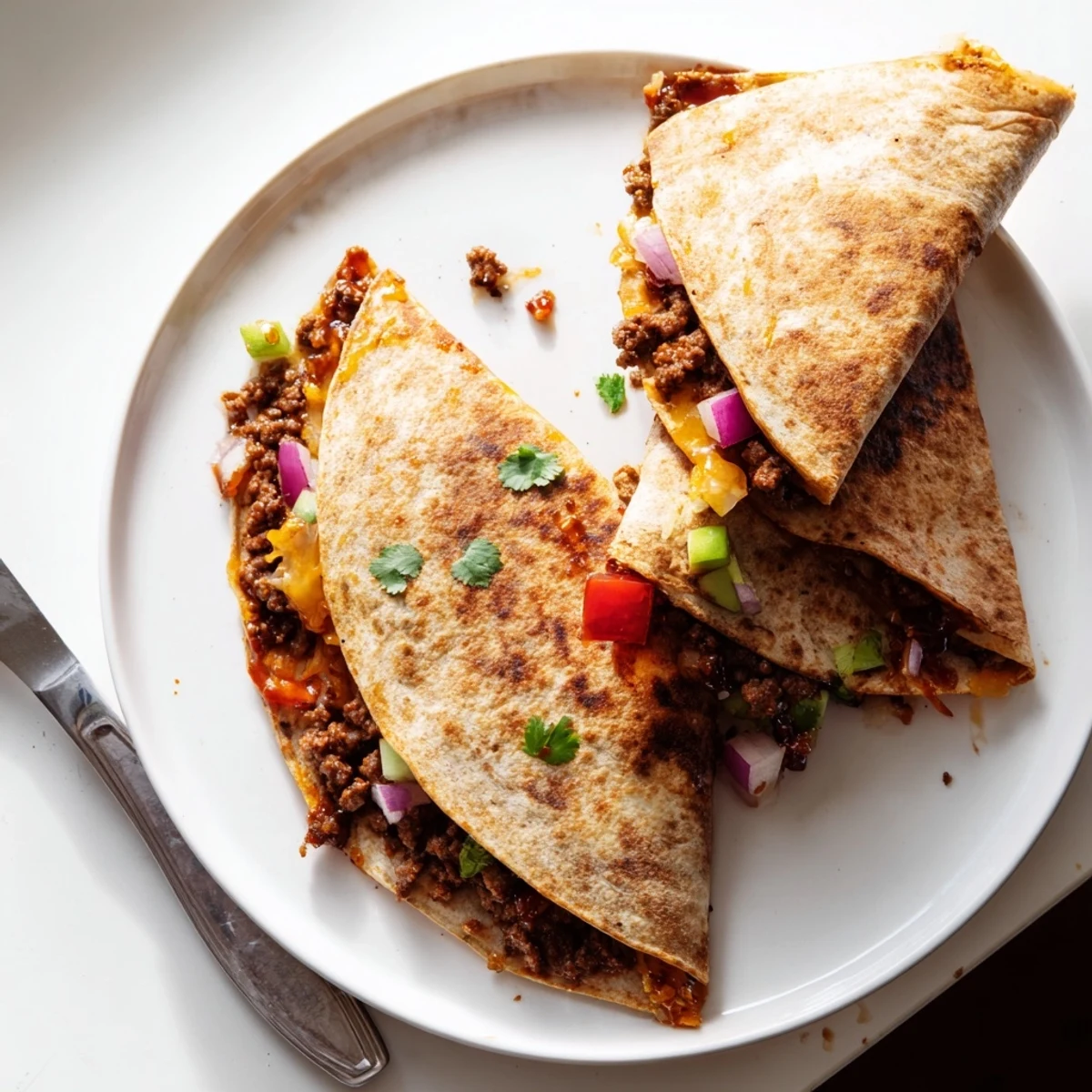 Warm Sweet Savory Beef Quesadillas sliced into wedges, served with guacamole.