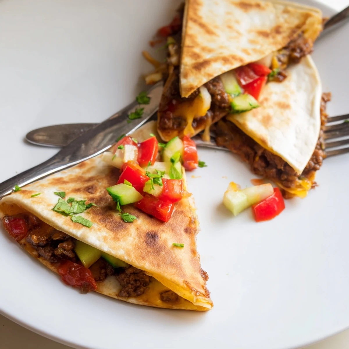 Golden crisp Sweet Savory Beef Quesadillas with honeyed beef and diced apple.