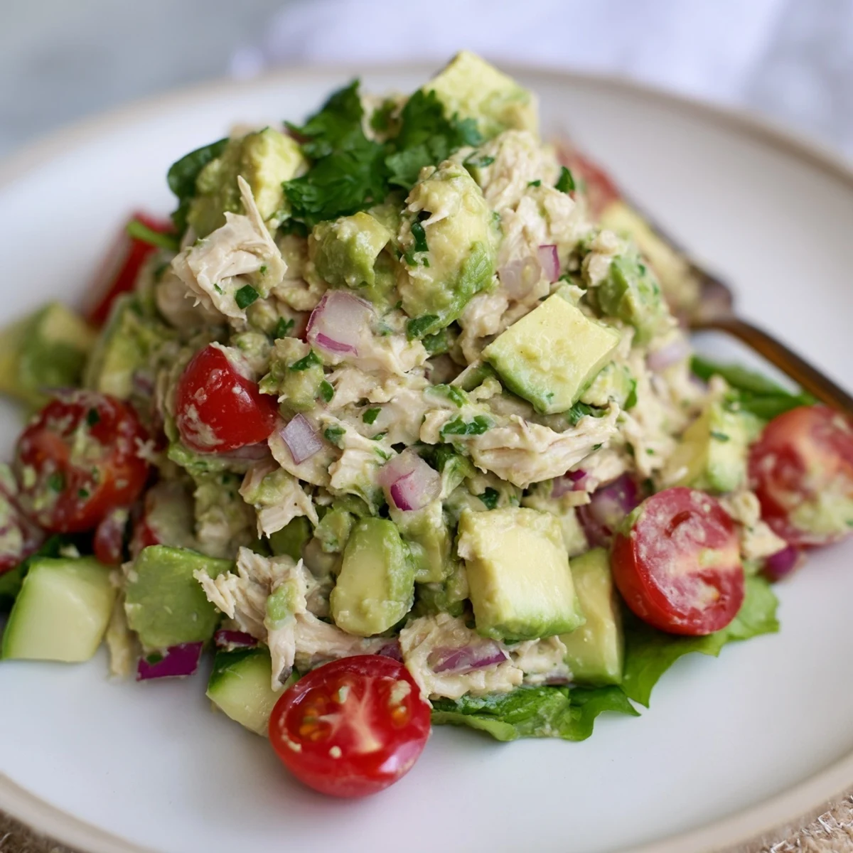 Fresh Avocado Chicken Salad tossed with cherry tomatoes, crisp red onion