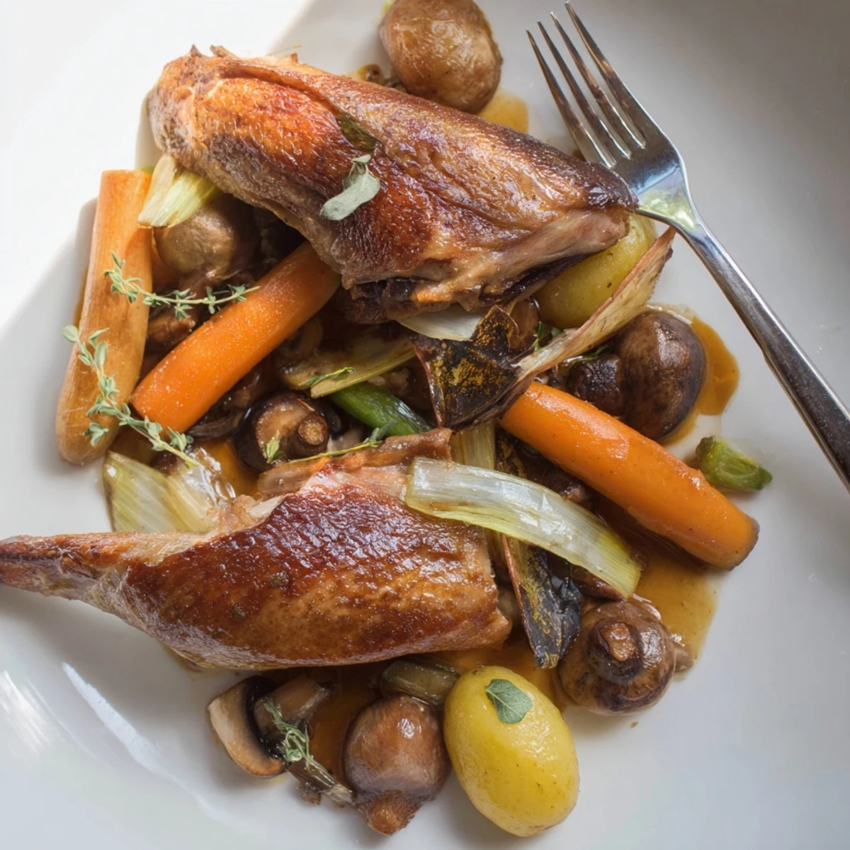 Crispy Braised Duck With Savory Vegetables: golden, crispy skin over tender braised root vegetables
