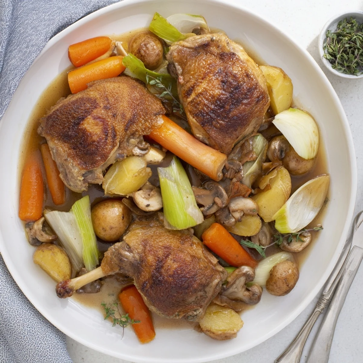 A rustic platter of Crispy Braised Duck With Savory Vegetables, steaming, herb-sprinkled