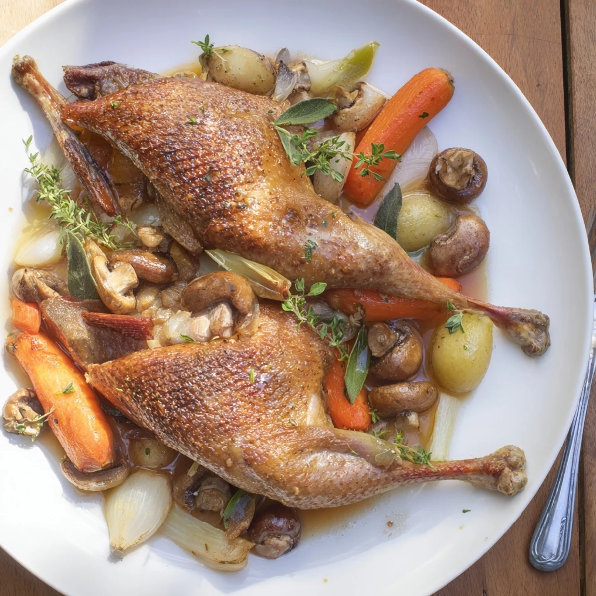 Fork-ready slices of Crispy Braised Duck With Savory Vegetables glistening in braising juices
