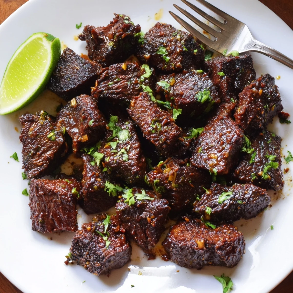 Sweet Spicy Jerk Style Beef Bites glistening with caramelized sear and cilantro