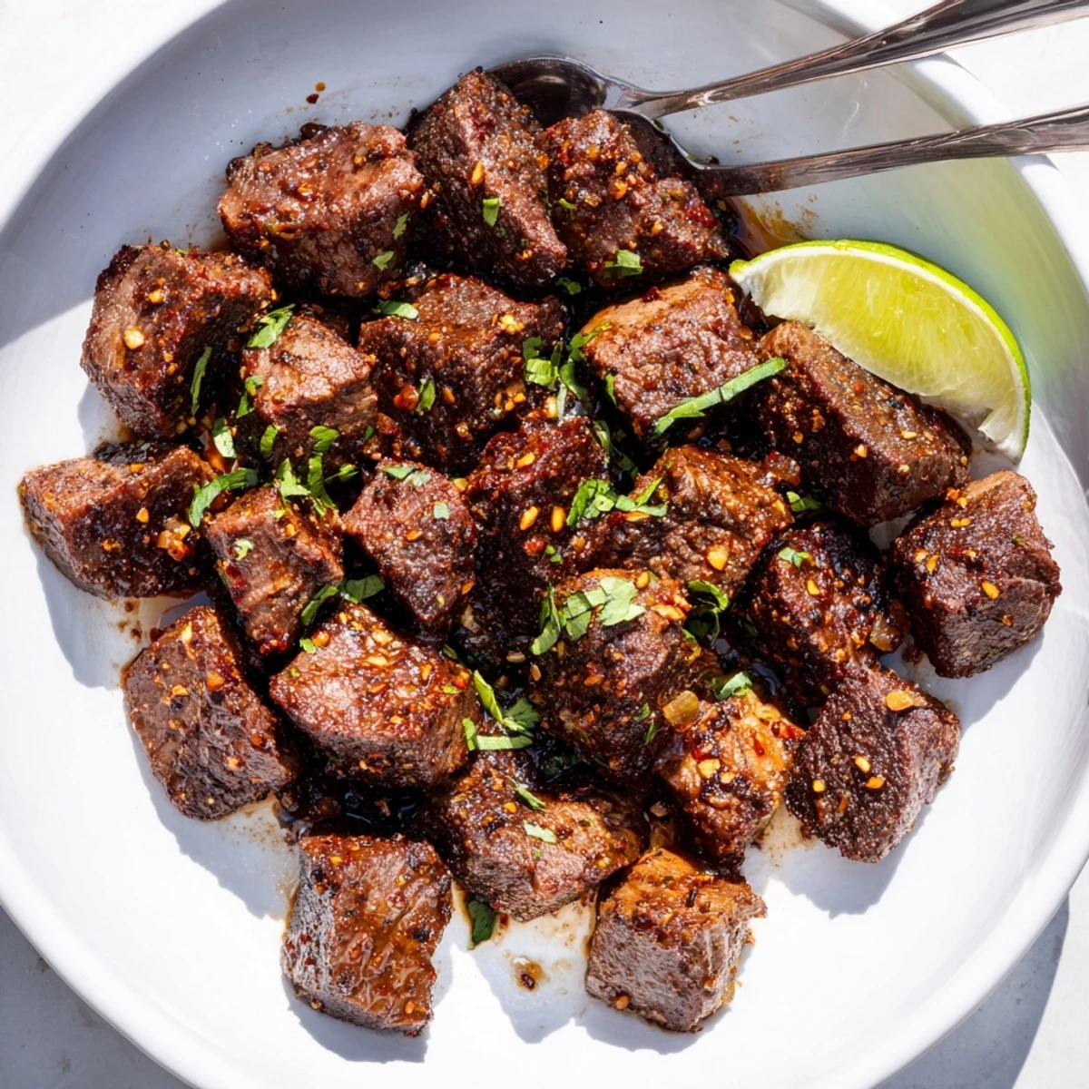 Plate of Sweet Spicy Jerk Style Beef Bites steaming, lime wedges nearby