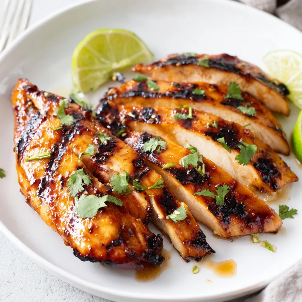 Key West Grilled Chicken With Tropical Citrus Marinade, smoky char, bright lime garnish.