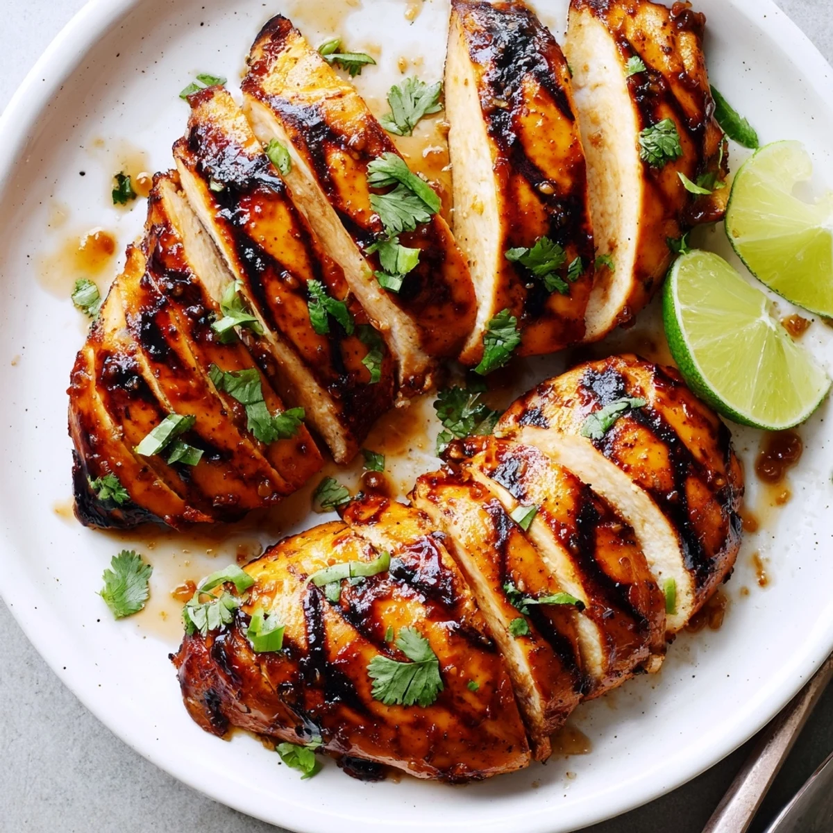 Sliced Key West Grilled Chicken With Tropical Citrus Marinade, cilantro and lime wedges.