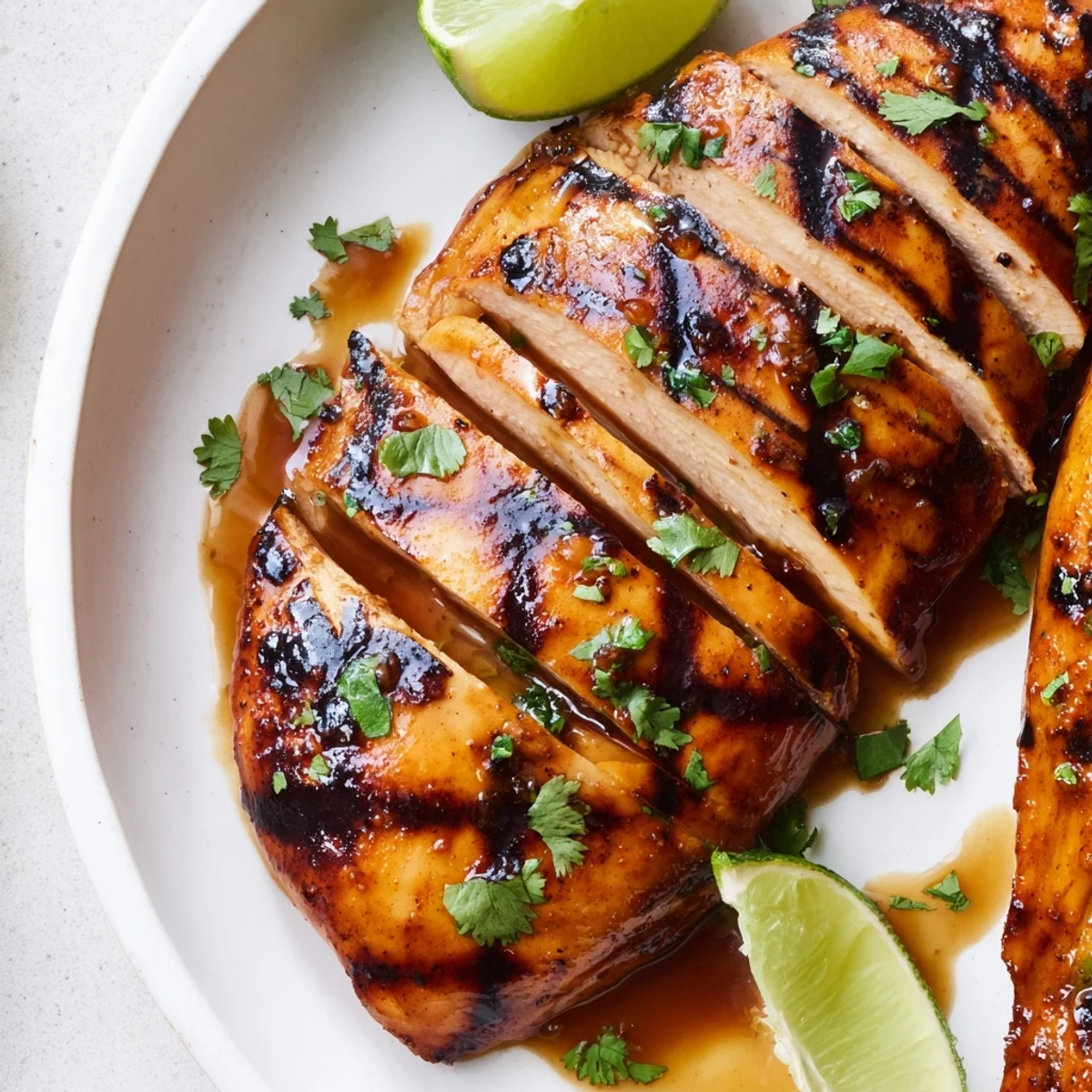 Juicy Key West Grilled Chicken With Tropical Citrus Marinade on wooden platter.