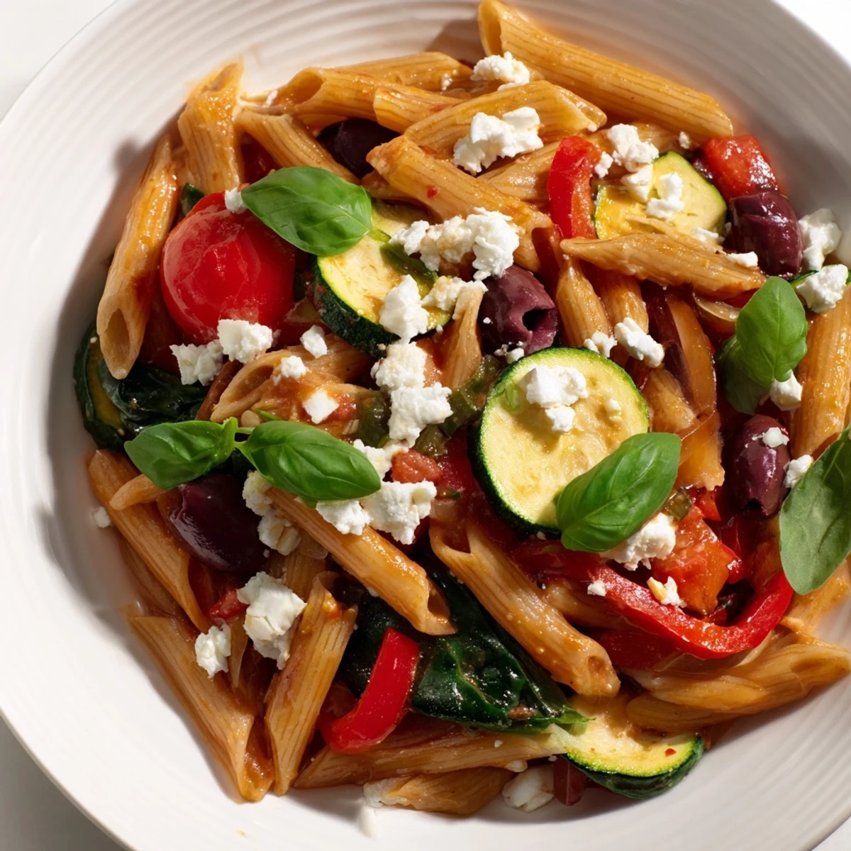 Steaming bowl of Mediterranean one pot pasta featuring cherry tomatoes, zucchini, and Kalamata olives in a savory broth