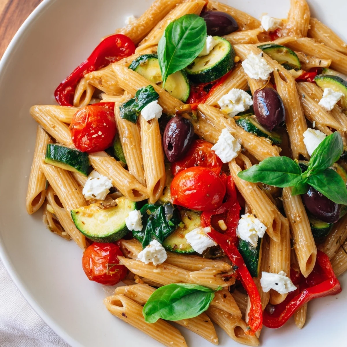 Mediterranean one pot pasta with colorful vegetables, olives, and melted feta cheese garnished with fresh basil