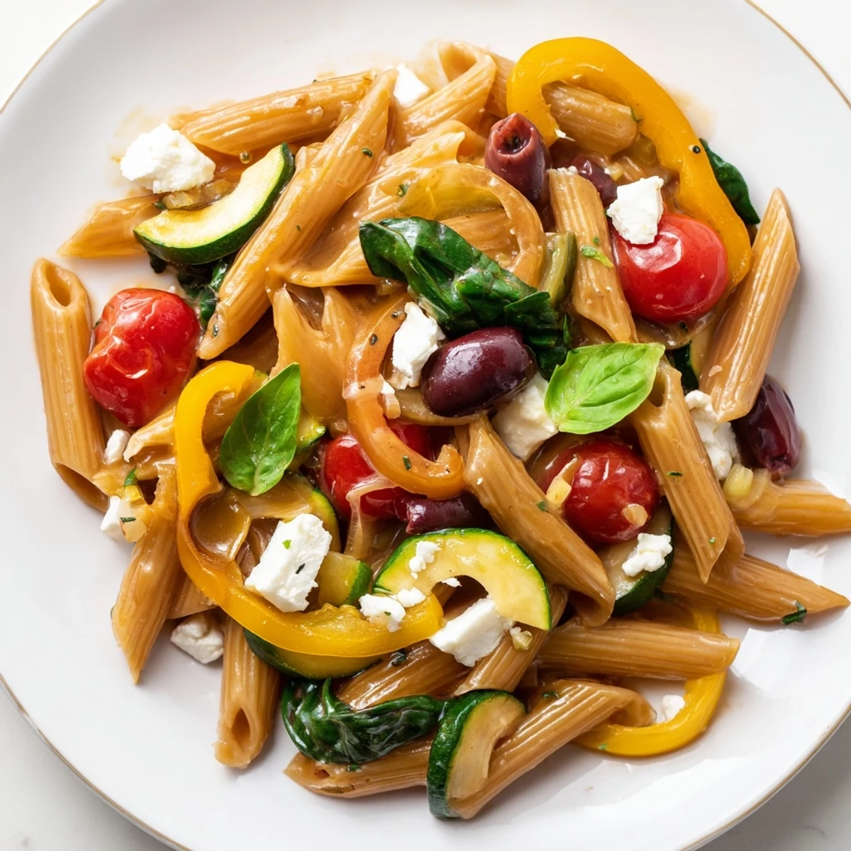 Close up of Mediterranean one pot pasta showcasing al dente noodles tossed with bell peppers, spinach, and crumbled feta