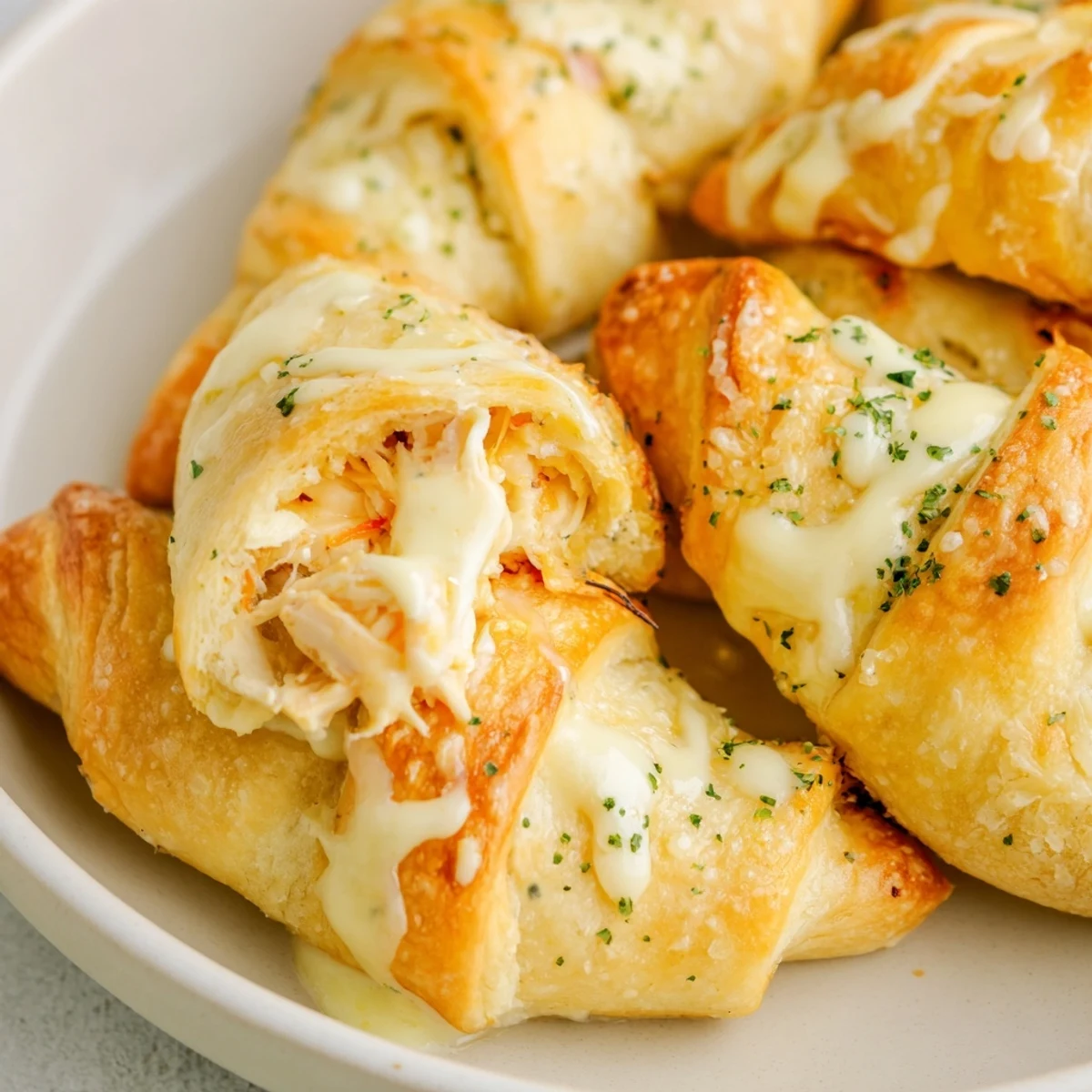 Tender chicken wrapped in flaky pastry topped with rich white parmesan sauce