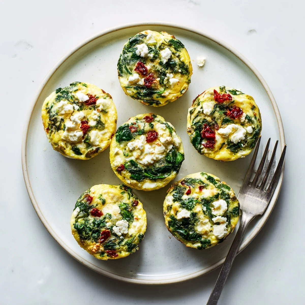 Golden baked spinach feta and sun dried tomato egg muffin cups arranged in a muffin tin