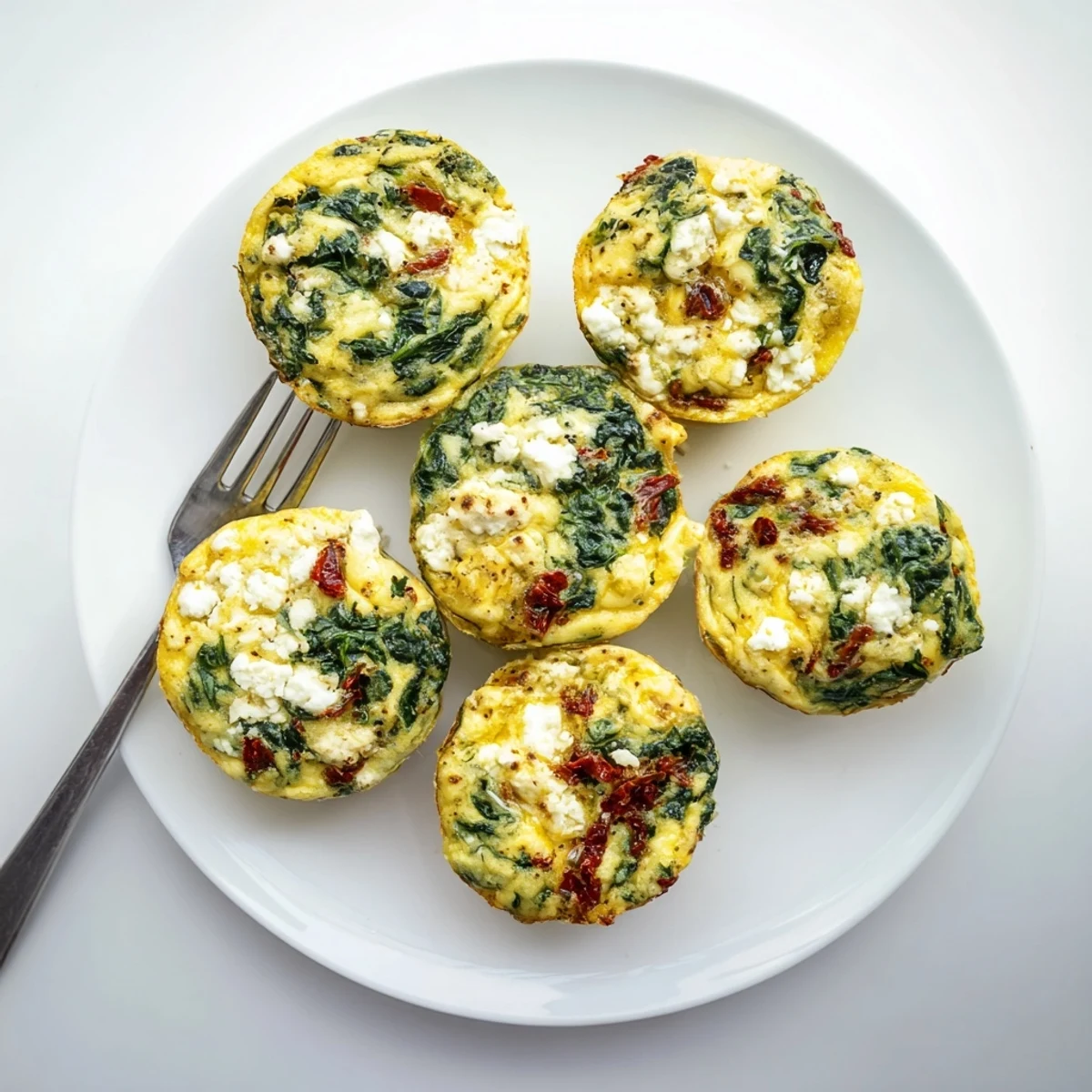 Fluffy Mediterranean egg muffin cups topped with melted feta and vibrant sun-dried tomato pieces