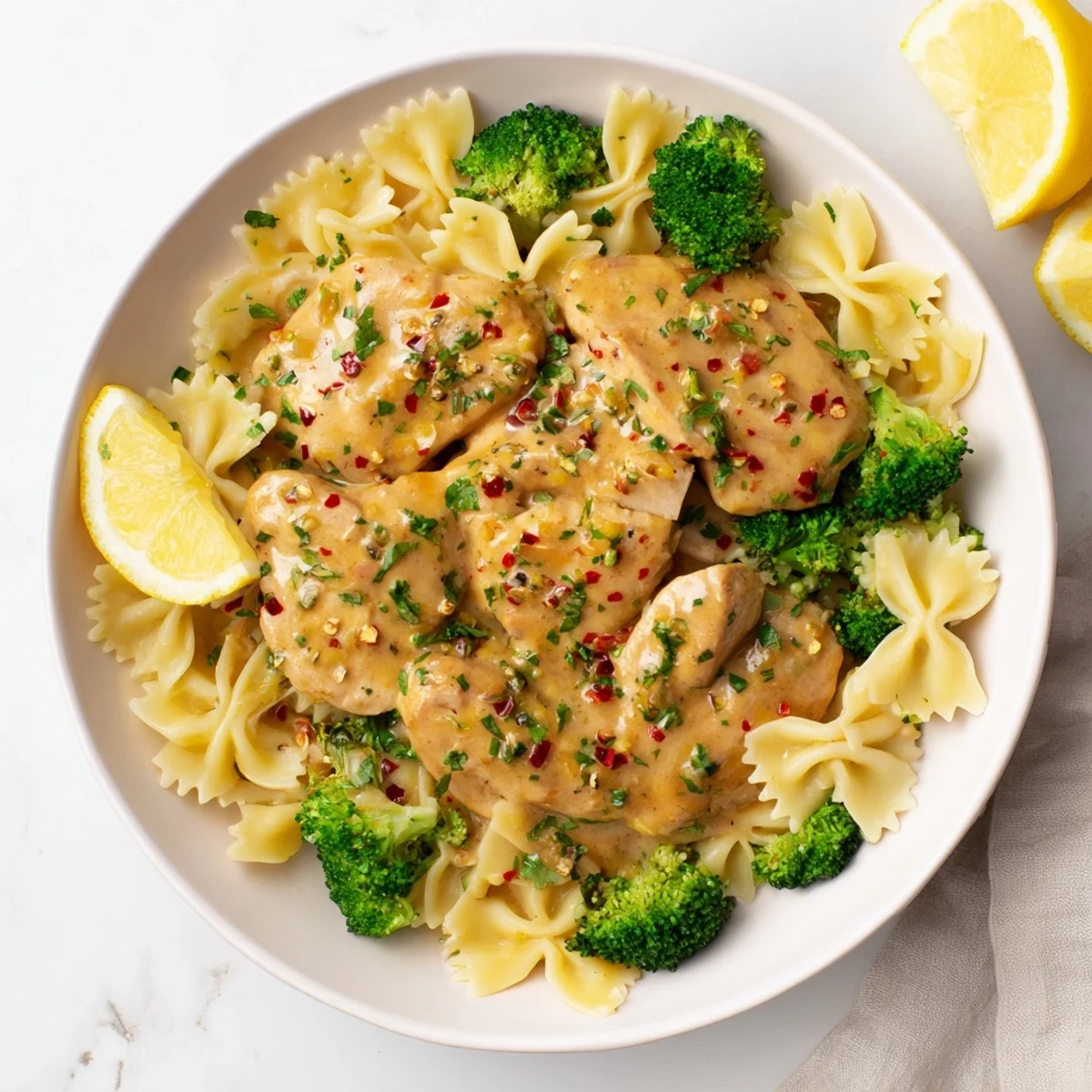 Golden sliced chicken breast topped with melting zesty cowboy butter served over lemony bowtie pasta with crisp-tender broccoli florets
