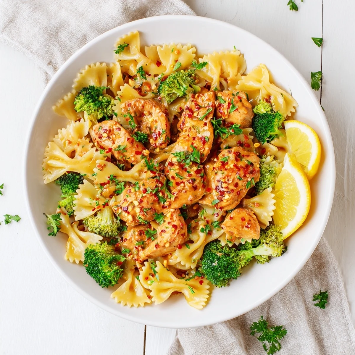 Savory cowboy butter chicken slices resting on a bed of tangy lemon bowtie pasta mixed with tender crisp broccoli pieces