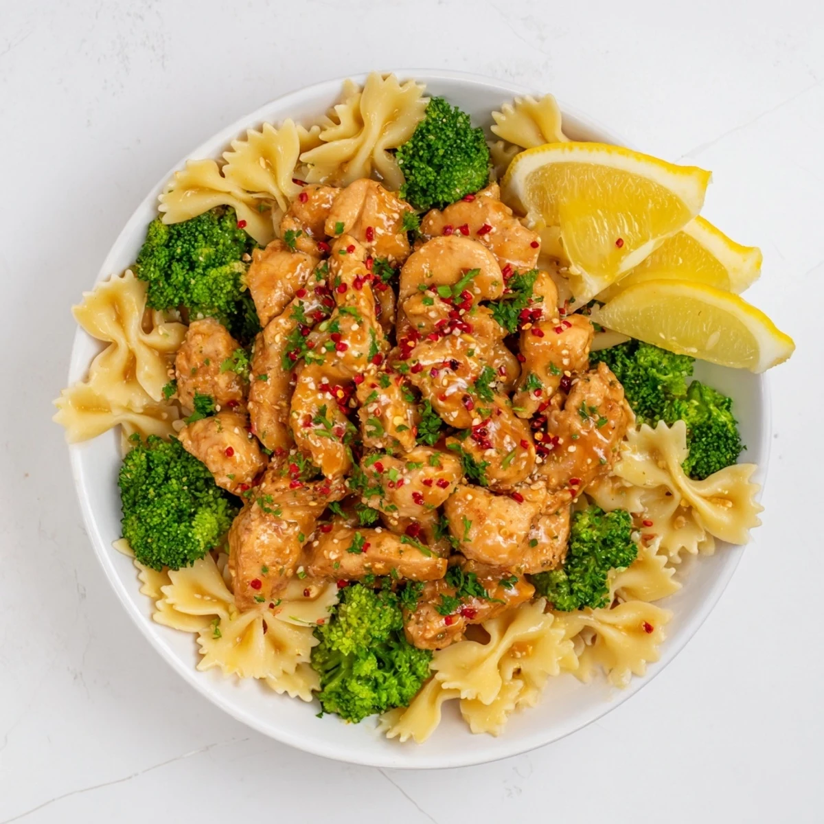 Juicy spice-rubbed chicken drizzled with garlic herb cowboy butter alongside bright lemon-infused farfalle pasta and vibrant green broccoli