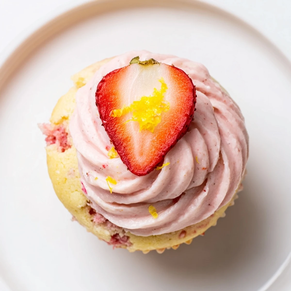 Strawberry Lemonade Cupcakes with pink strawberry buttercream swirled high atop fluffy yellow cake