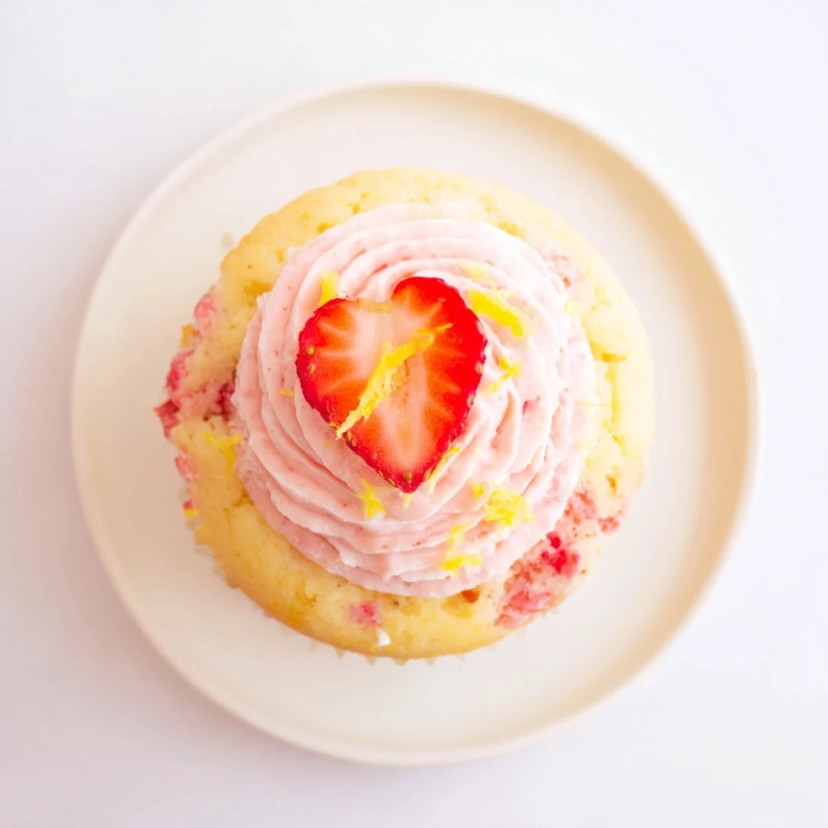 Pink frosted Strawberry Lemonade Cupcakes garnished with lemon zest and fresh strawberry slices