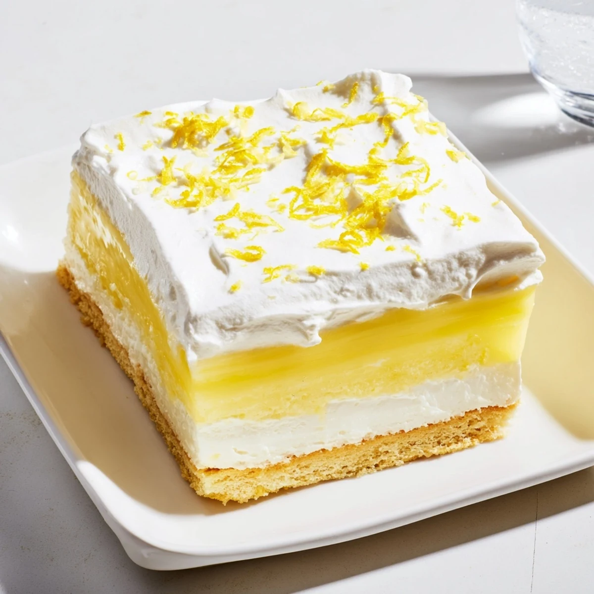 Golden square slice of Lemon Lush Cake showing three creamy layers with white whipped topping and bright yellow lemon zest garnish on a white plate
