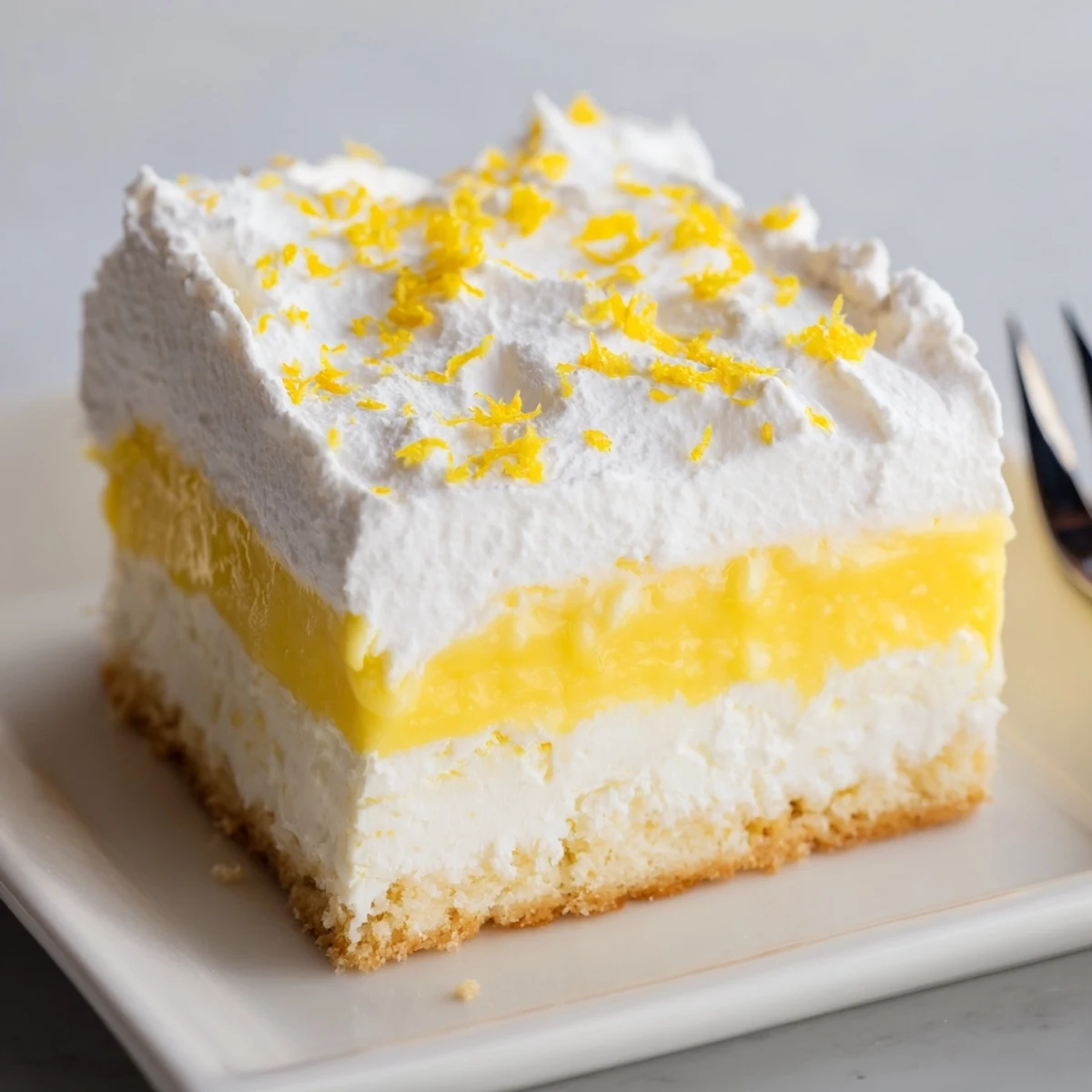 Chilled rectangular baking dish of Lemon Lush Cake with fluffy white topping spread smoothly over pale yellow lemon pudding layer