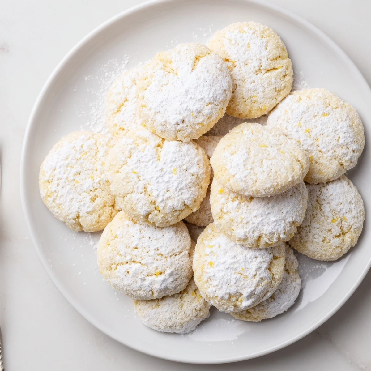 Golden soft chewy lemon cookies dusted with powdered sugar on a white baking sheet