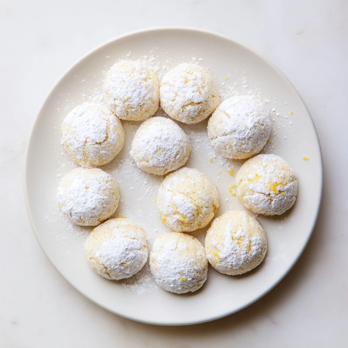 Plate of soft lemon cookies stacked high with subtle sugary coating and zesty aroma