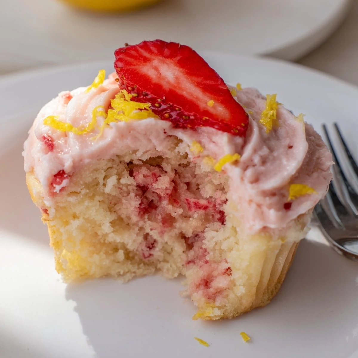 Strawberry Lemonade Cupcakes with zesty buttercream, moist crumb and fresh strawberry garnish